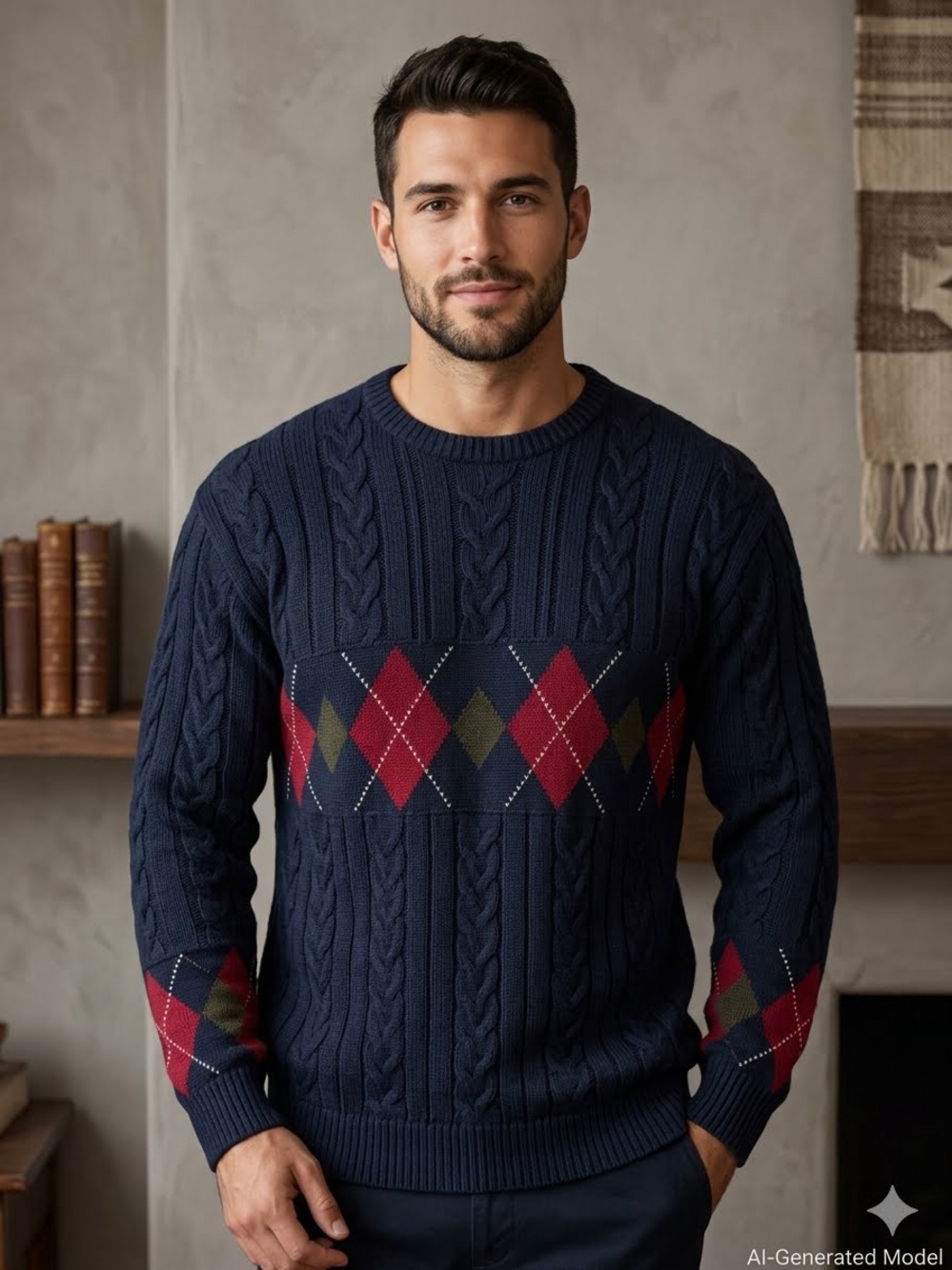 VTG Woods&Gray Argyle Fisherman MensL Cable Knit Navy Red 90sRetro Gpa Core